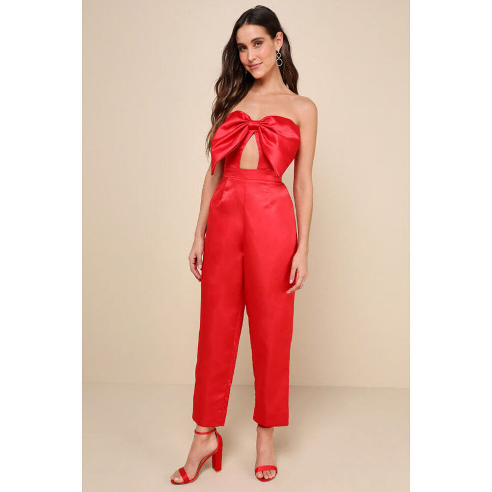 Lulus Iconic Date Red Satin Bow Cutout Strapless Jumpsuit - Size M